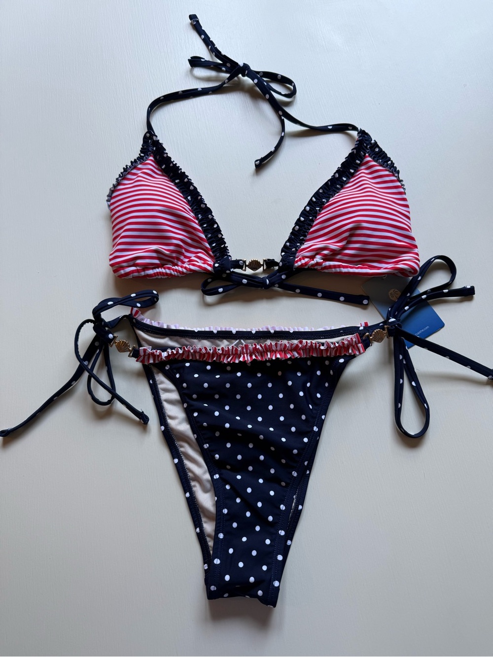 Cupshe Pink Stripe & Navy Polka Dot Ruffle Tie Bikini